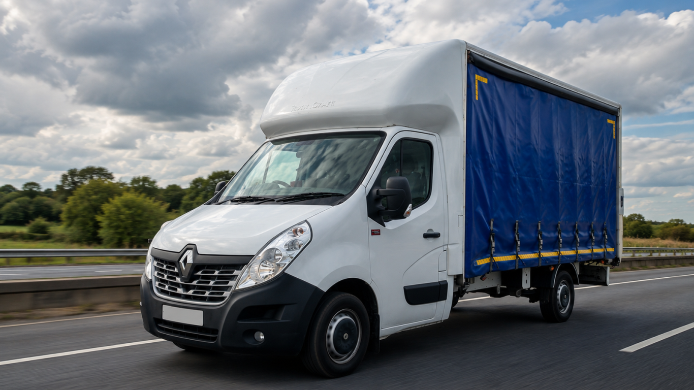 White curtain-side van providing same-day transport